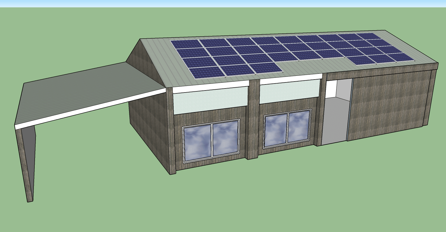 a 3d model of a building with solar panels on the roof