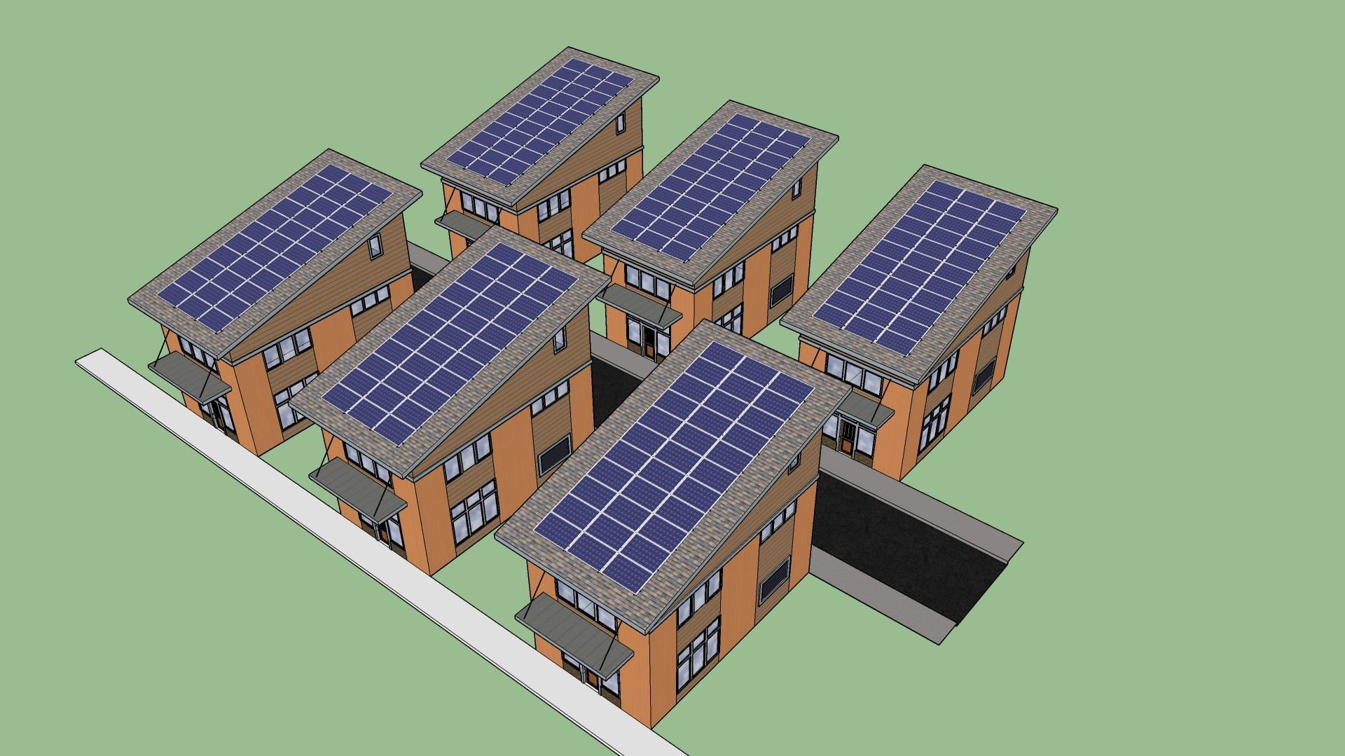a 3d model of a row of houses with solar panels on the roofs