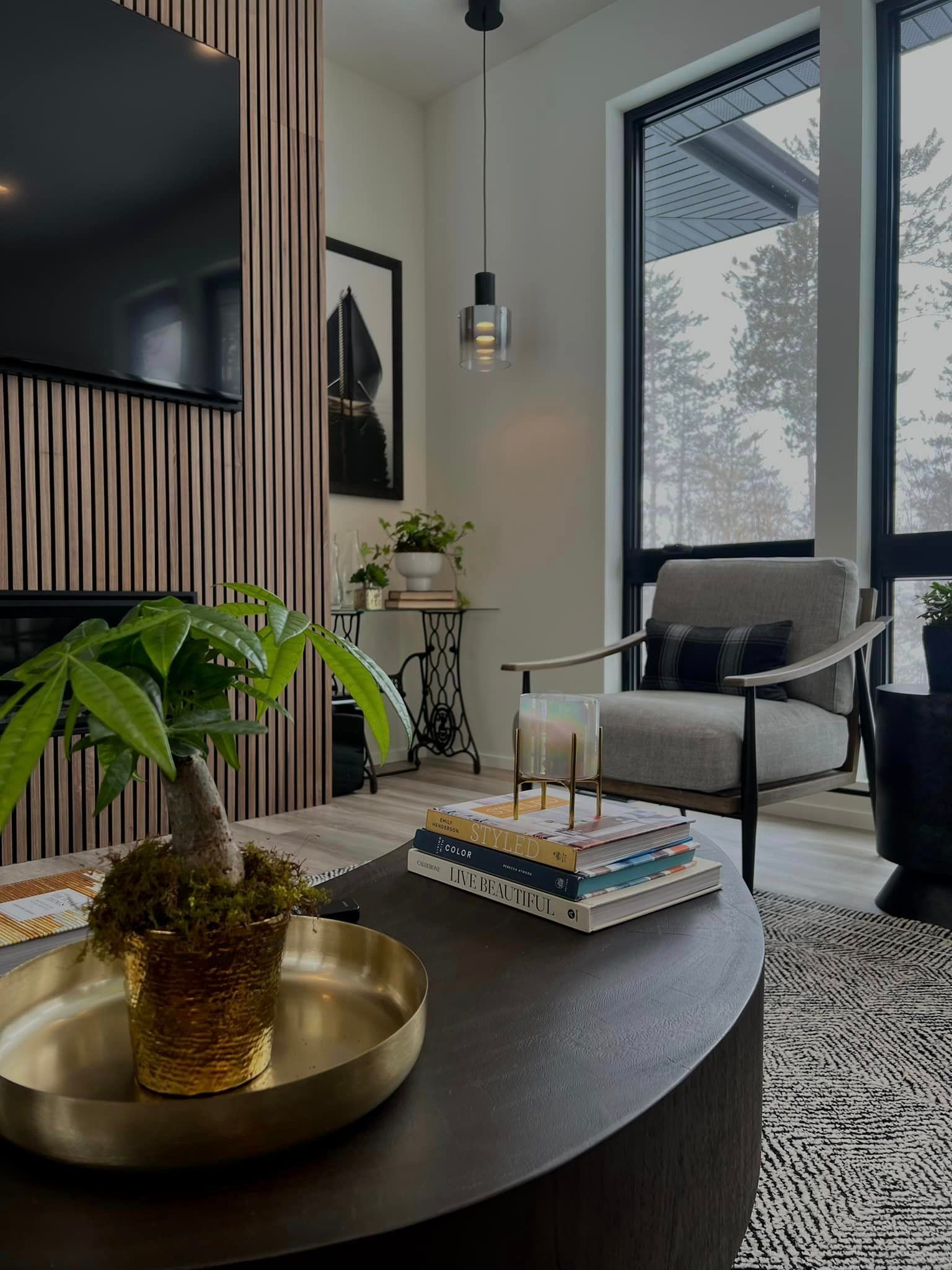 A living room with a table, chair, television and a potted plant.