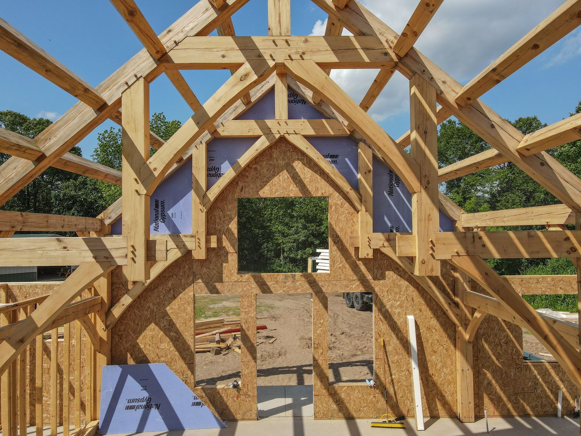 The inside of a wooden building under construction