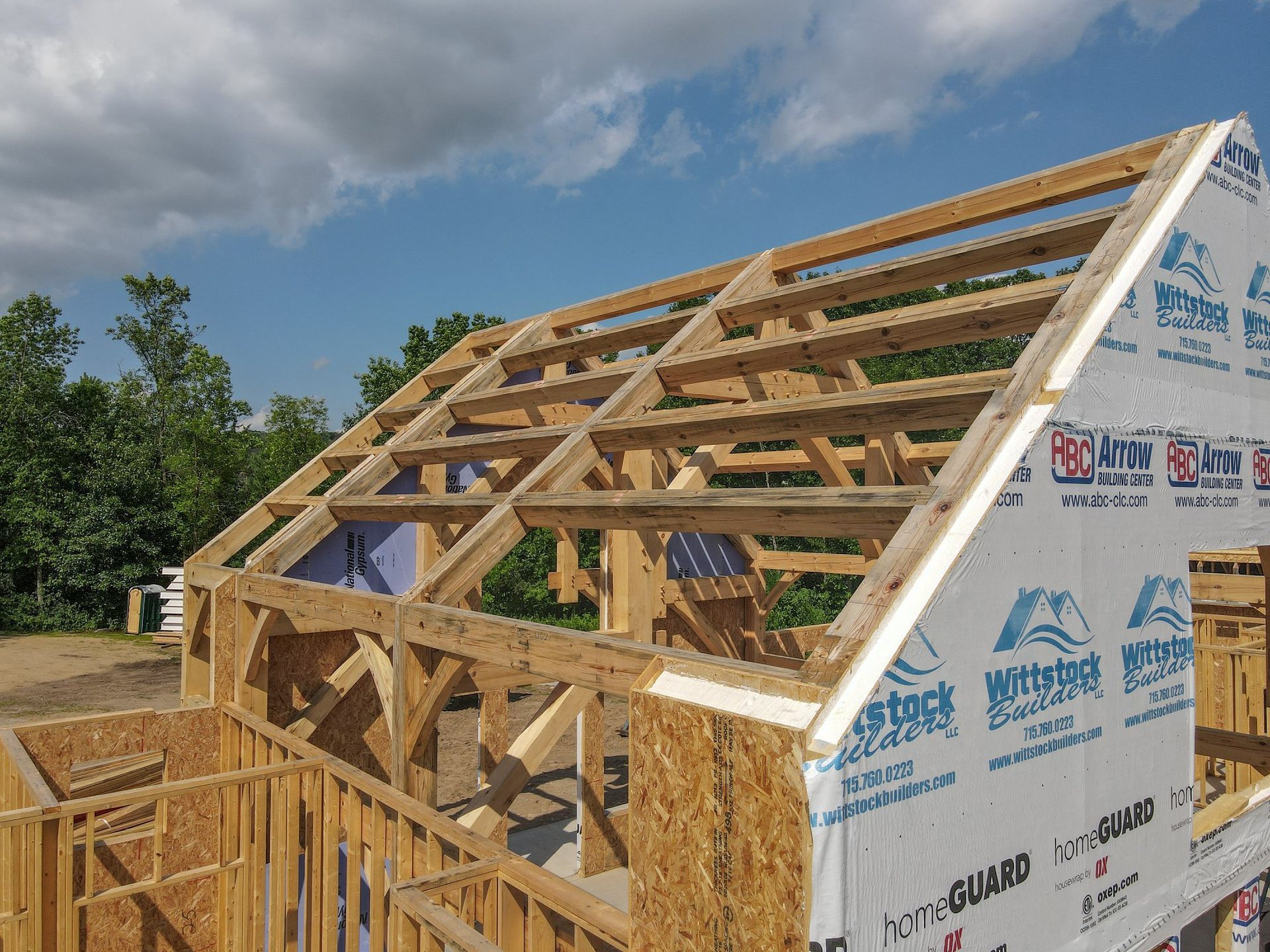 A house is being built with a roof made of wood and styrofoam.