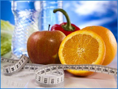 Apple-orange-waterbottle and a measuring tape