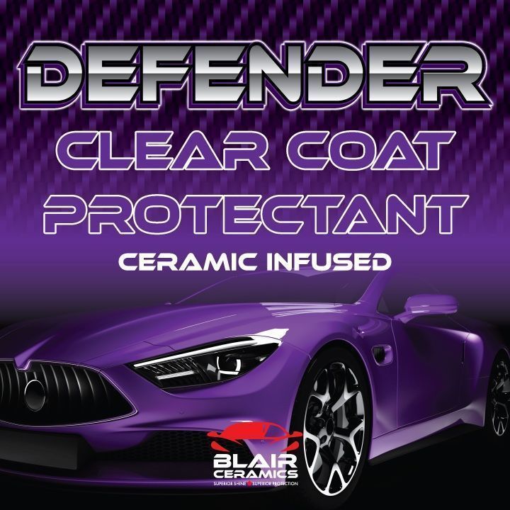 A purple car against a carbon-fiber background, with text advertising Blair Ceramics Defender Clear Coat Protectant.