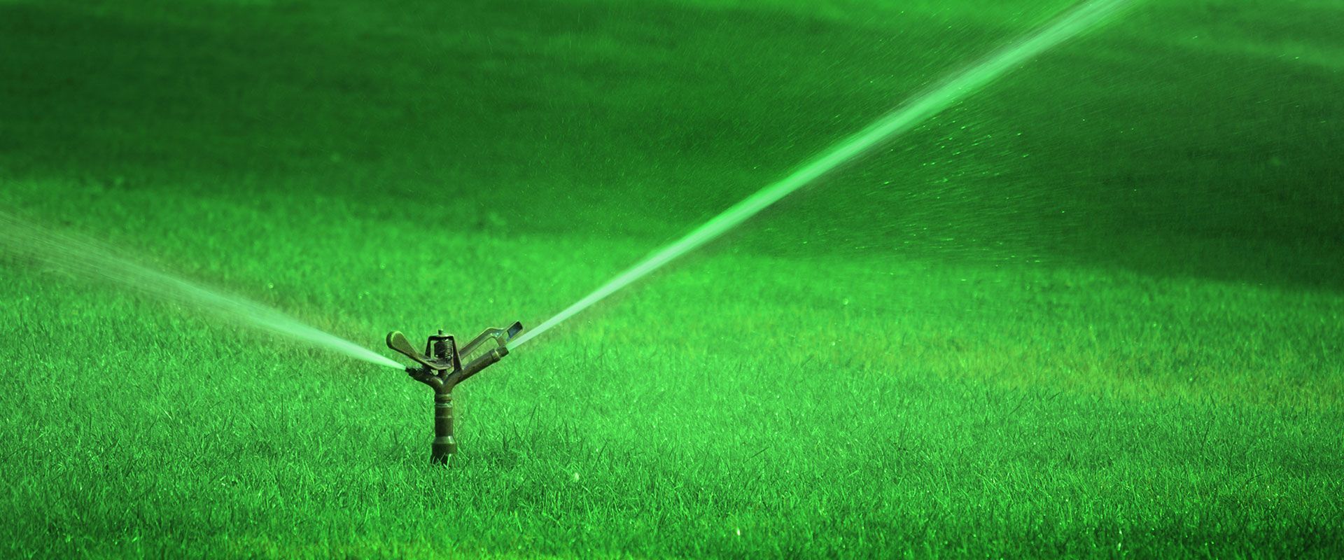 A metal sprinkler sprays water across a lush green lawn.