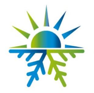 A logo split into two colors, green and blue, showing a sun rising above a stylized snowflake.