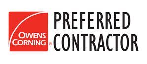 Logo for Owens Corning Preferred Contractor, with red square and curved lines. Black text.