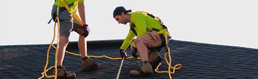 Two roofers in neon green shirts on a dark roof, wearing safety harnesses.