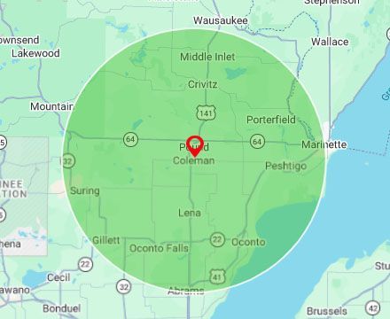 A map with a 20-mile radius of Coleman, WI