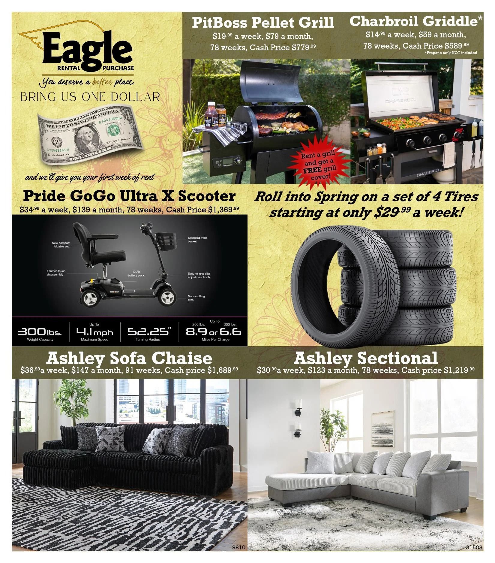 A flyer for eagle furniture shows a couch , a scooter , a grill , and tires.