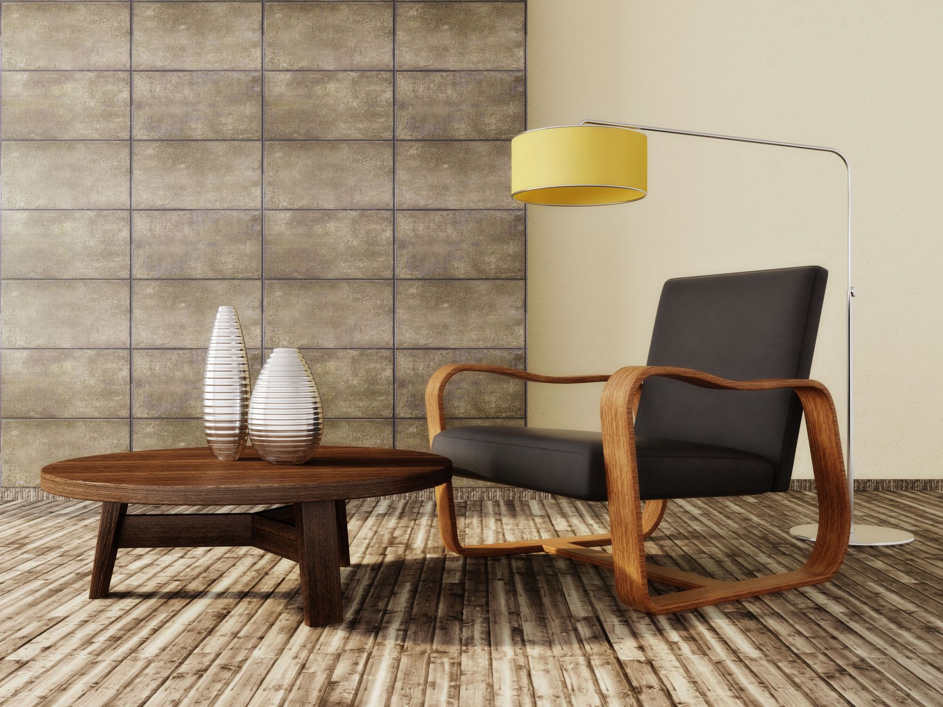 A living room with a chair a table and a lamp