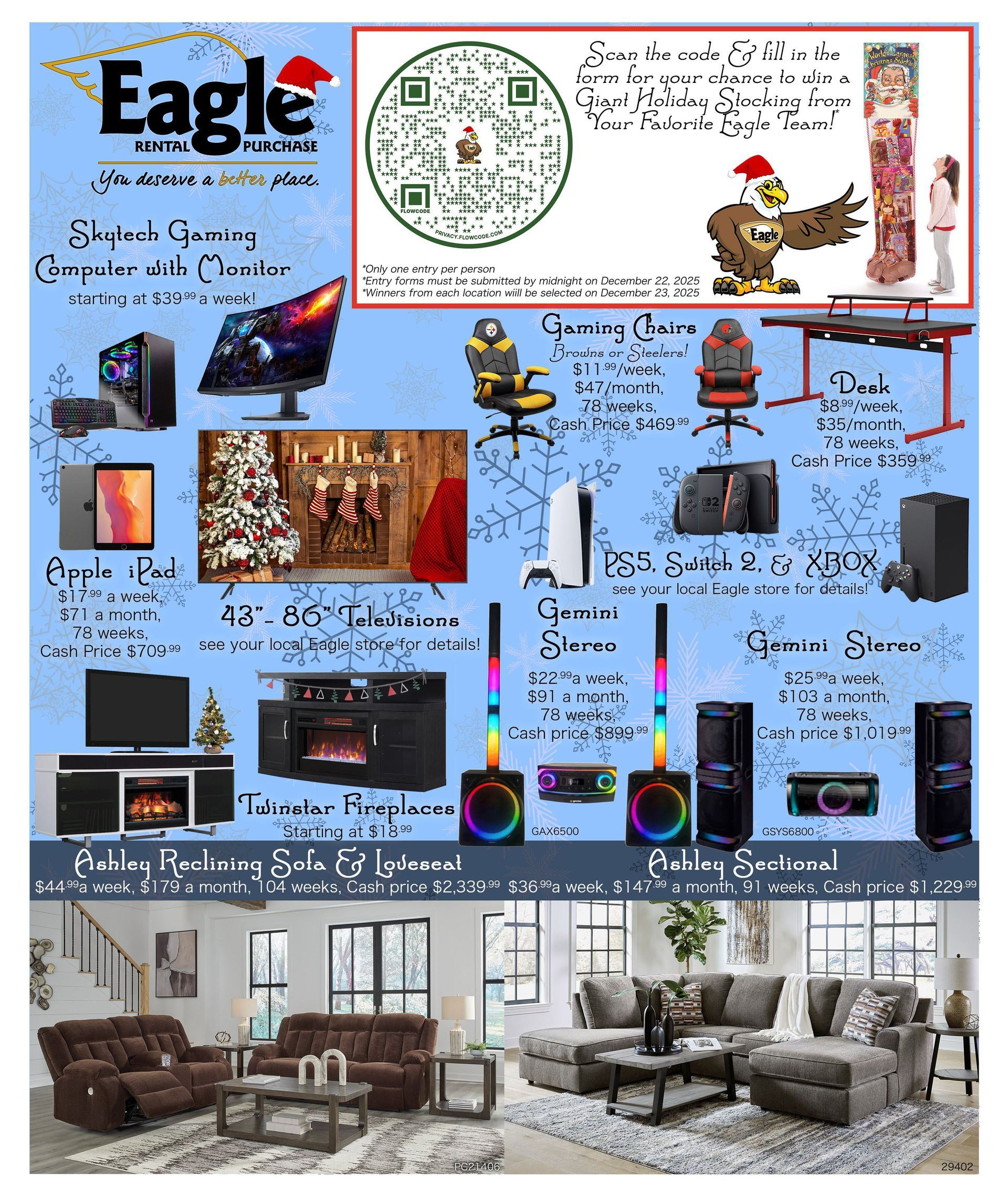 Advertisement with electronics, furniture, and a festive eagle logo.