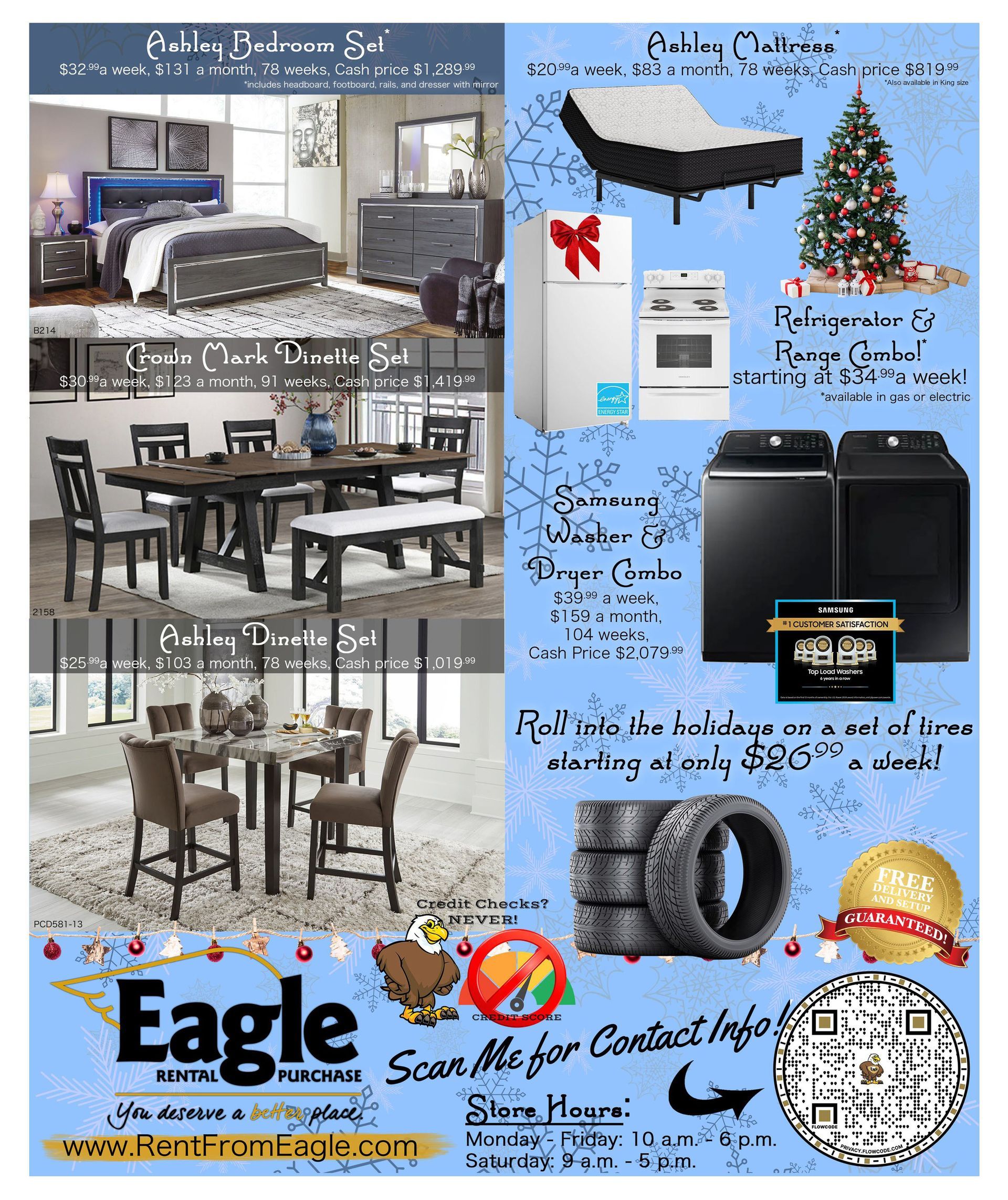 Advertisement for Eagle Furniture, featuring furniture sets, appliances, tires, and Christmas decorations.