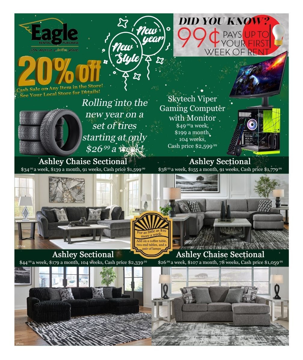 Advertisement with electronics, furniture, and a festive eagle logo.