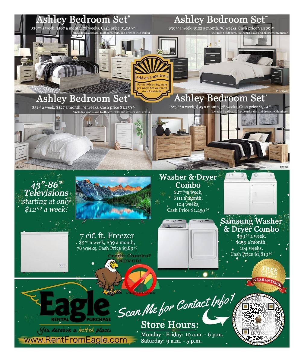 Advertisement for Eagle Furniture, featuring furniture sets, appliances, tires, and Christmas decorations.