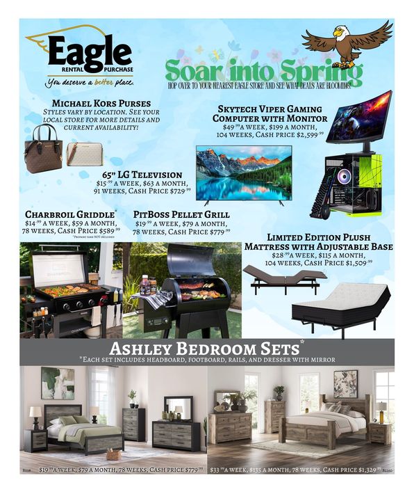 Spring sale flyer for Eagle with outdoor furniture, grills, patio accessories, and Ashley bedroom sets.