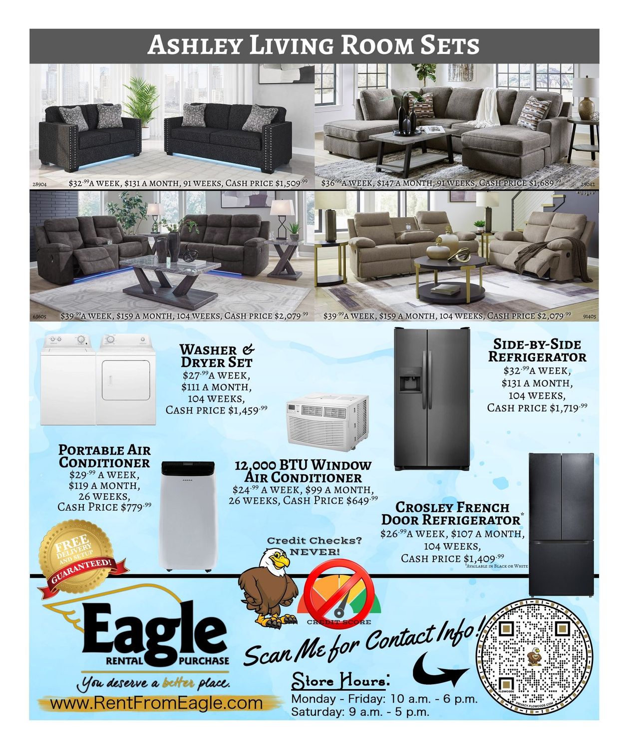 Ashley Living Room Sets ad with sectional sofas, plus Eagle appliances and cleaning product promos