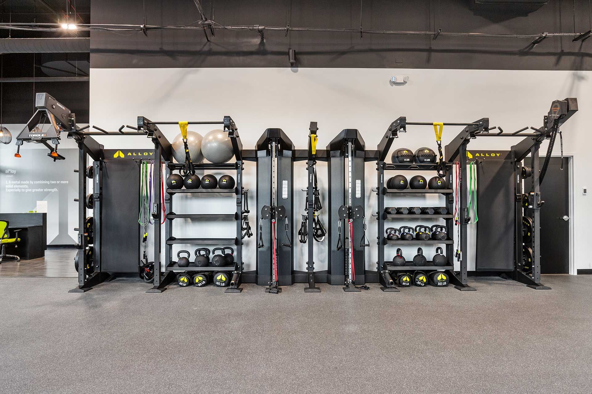 gym equipment setup with black racks, shelves of weights, and pull-up bars on a gray floor