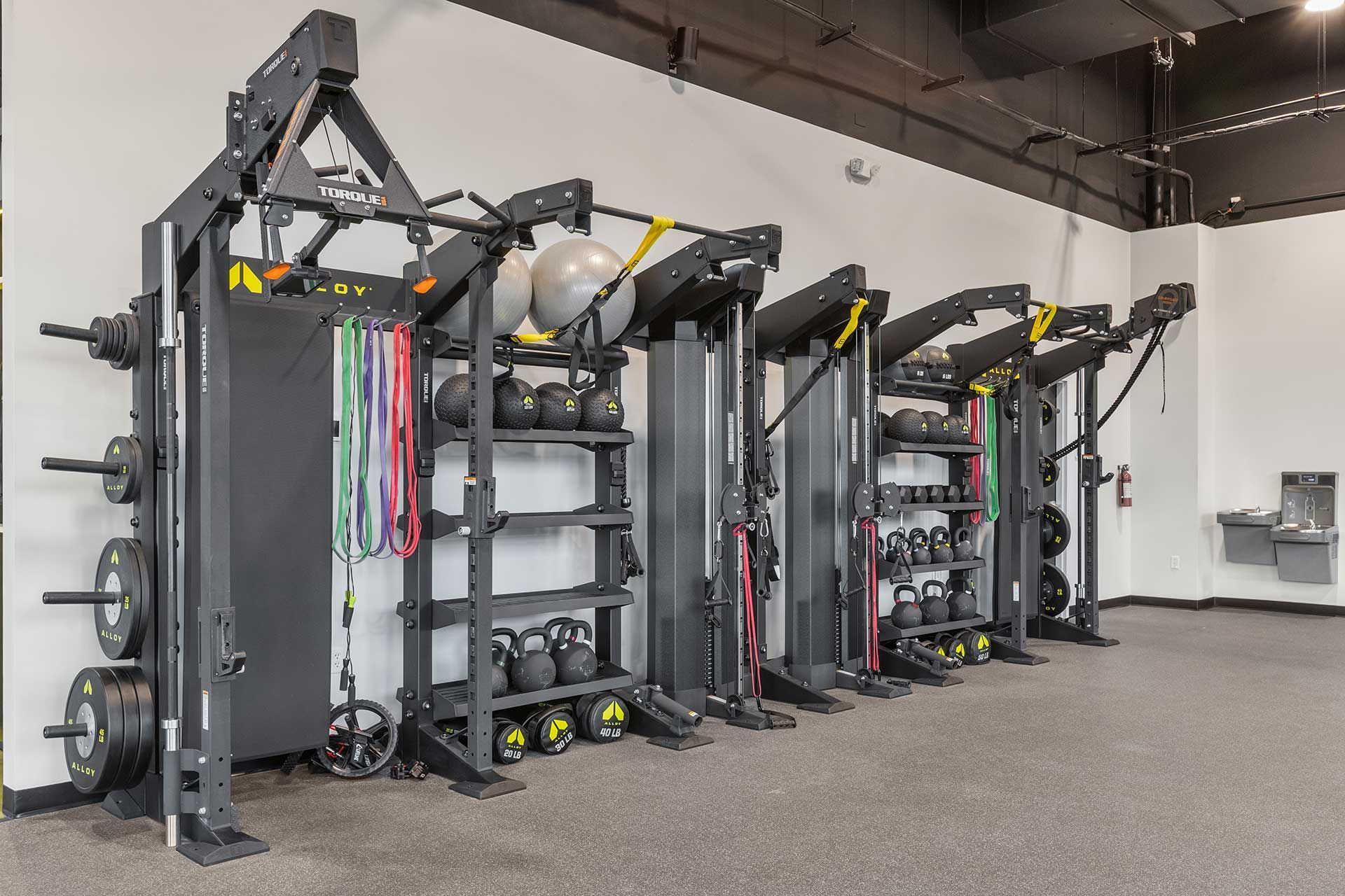 row of gym equipment with weights, resistance bands, and kettlebells in a fitness center