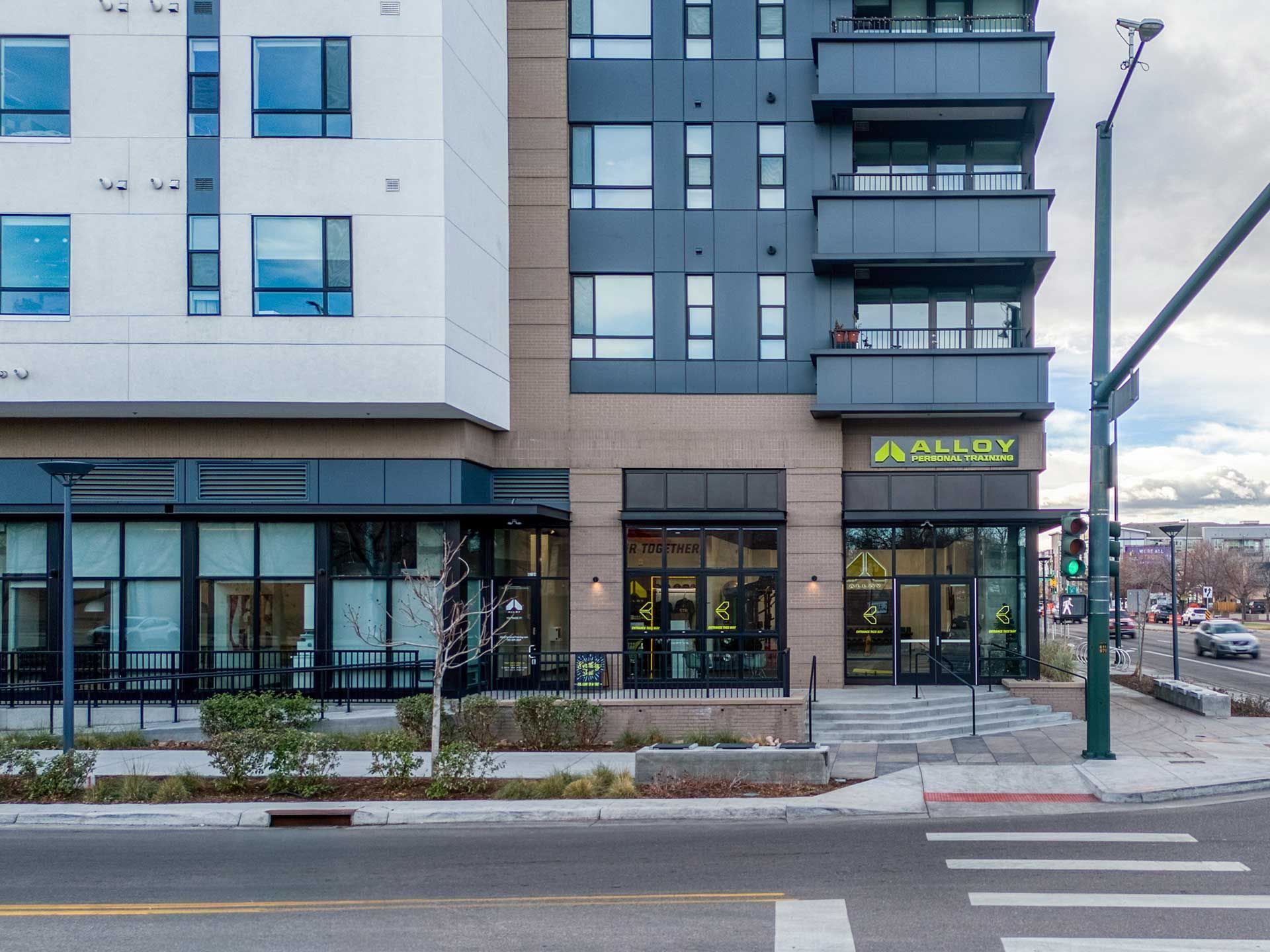 retail storefront, crosswalk, and street