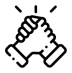 A black and white icon of two hands shaking each other.