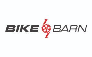 The bike barn logo is black and red with a bicycle gear in the middle.