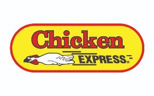 The logo for chicken express shows a hand holding a chicken.
