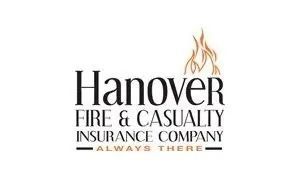 Hanover Fire & Casualty Insurance Company logo: Text with flames icon, slogan 