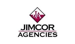 Logo of JIMCOR AGENCIES. Maroon diamond with 