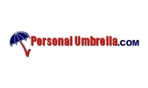 Logo for Personal Umbrella.com: a blue umbrella with a red handle and website text.