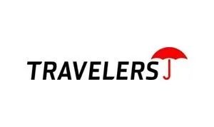 Travelers Insurance logo: Black text with a red umbrella icon.