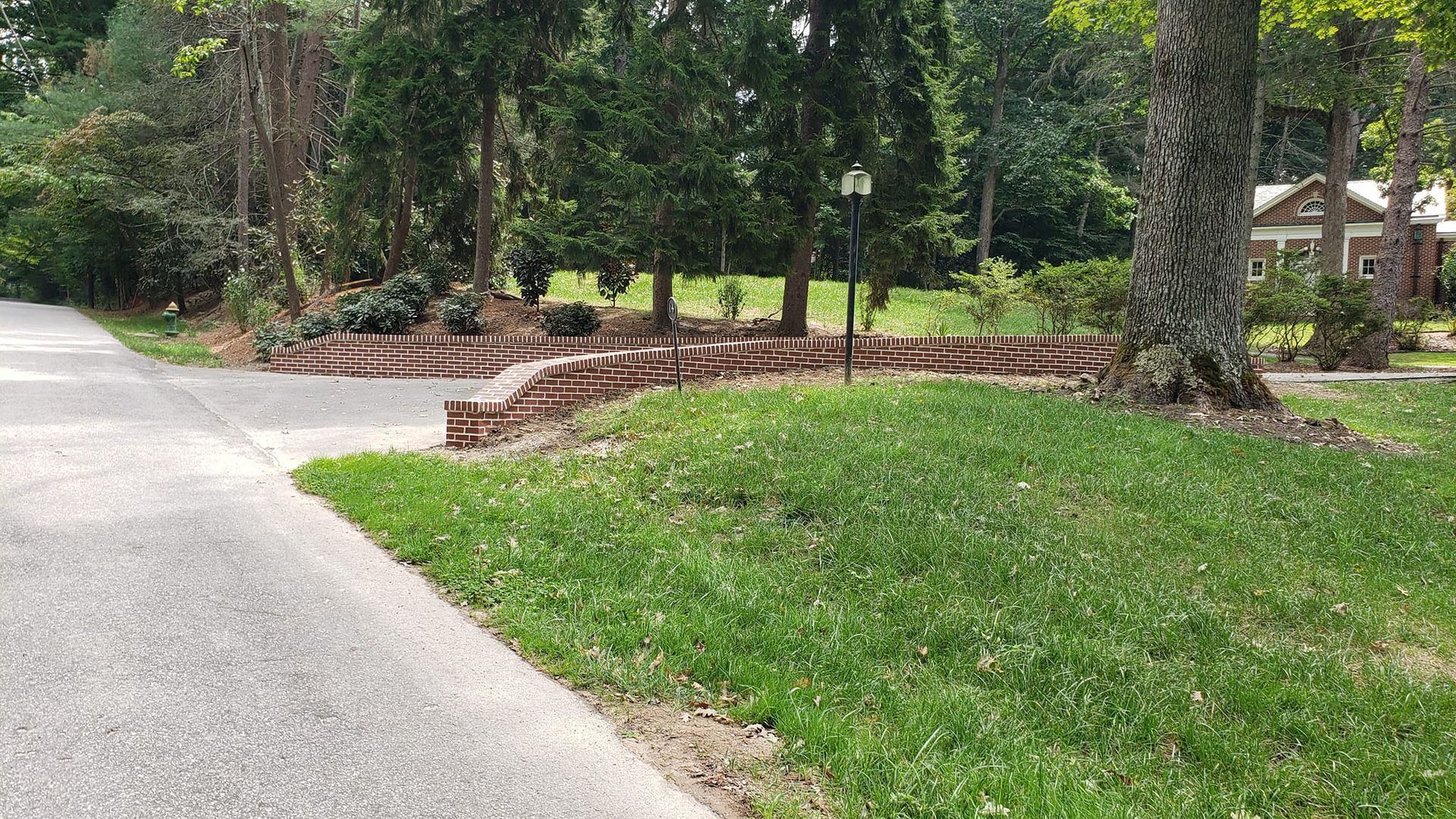 A driveway leading to a house surrounded by trees and grass