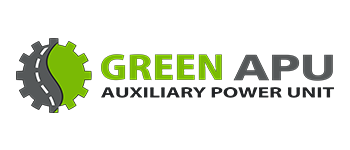 A logo for green apu auxiliary power unit with a green gear and a road.