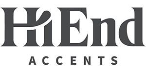 Logo for Hi End Accents, text in a serif font. The letter “H” has a curved flourish. “Accents” is below the main text.