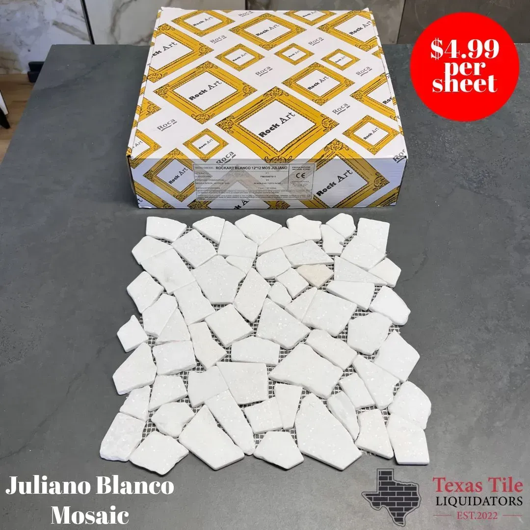 A sheet of white, irregular, stone-look mosaic tile in front of its branded cardboard box, priced at $1.99 per sheet.