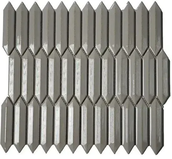 A vertical, elongated picket tile pattern in a glossy, neutral gray finish, arranged in a repeating staggered formation.