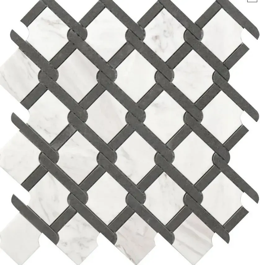 A decorative tile pattern featuring white marble squares encased in an interwoven dark gray stone grid.
