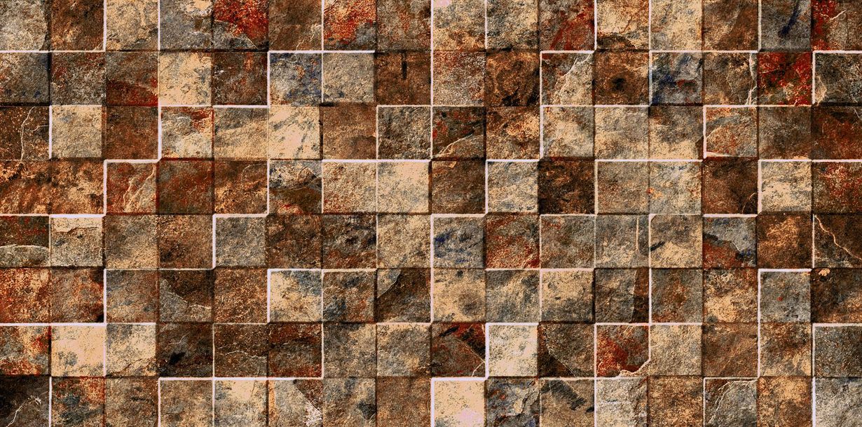 A pattern of small, square mosaic tiles in varied shades of brown, beige, rust, and gray with a textured appearance.