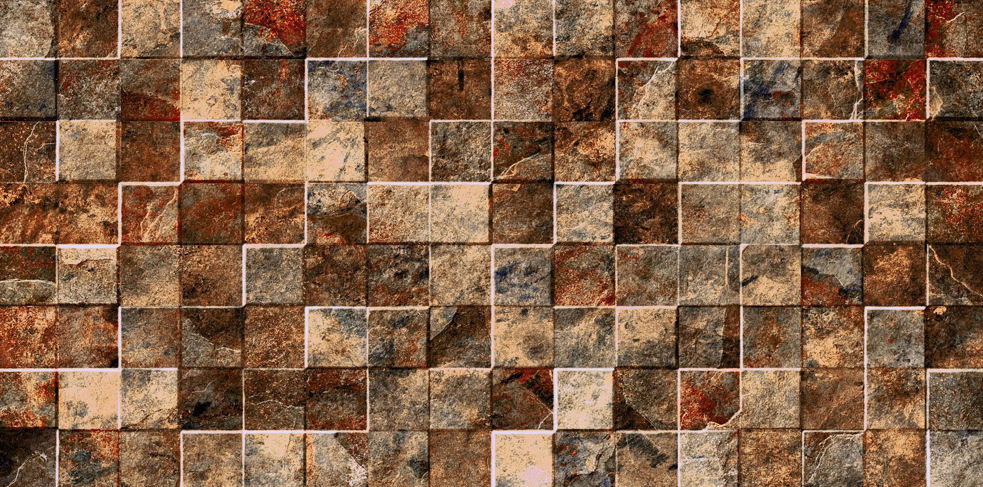 A pattern of small, square mosaic tiles in varied shades of brown, beige, rust, and gray with a textured appearance.