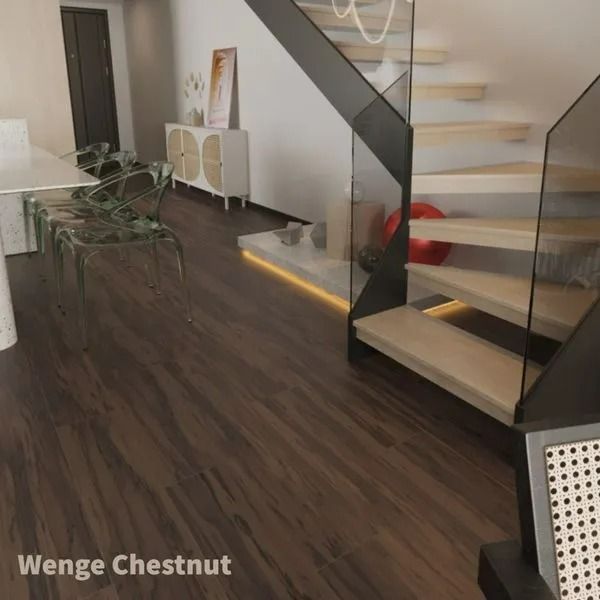 A modern room featuring dark brown Wenge Chestnut flooring, a light wood staircase with glass railings, and a side table.