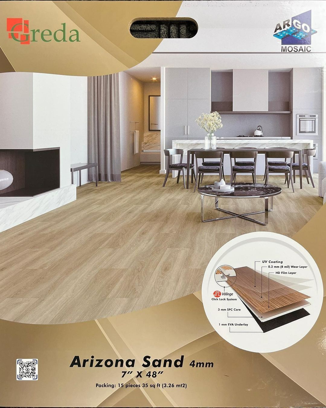 A product display for Arizona Sand 7x48-inch vinyl flooring featuring a modern living room and a multi-layer cross-section.