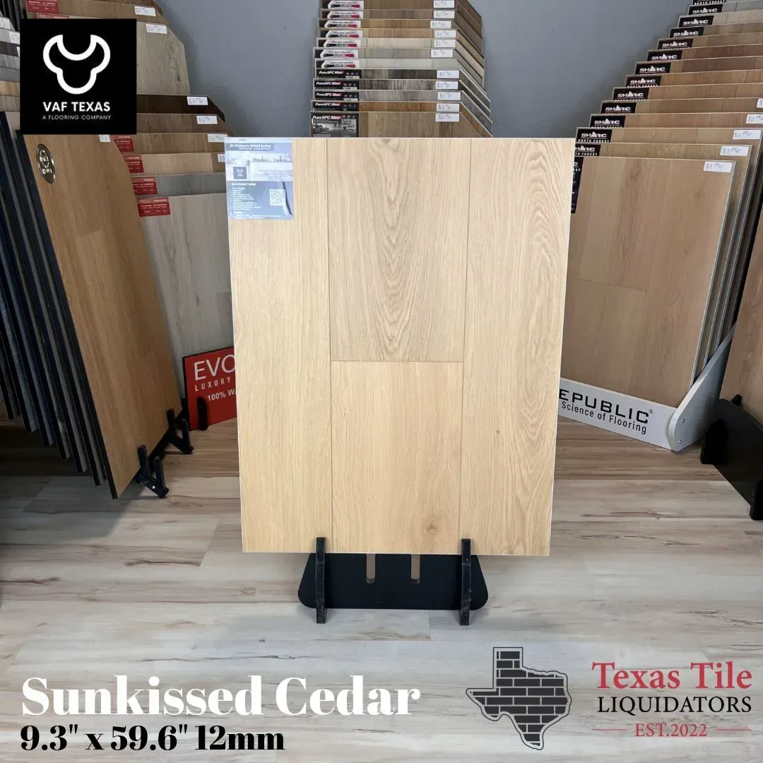 A flooring sample labeled Sunkissed Cedar, 9.3