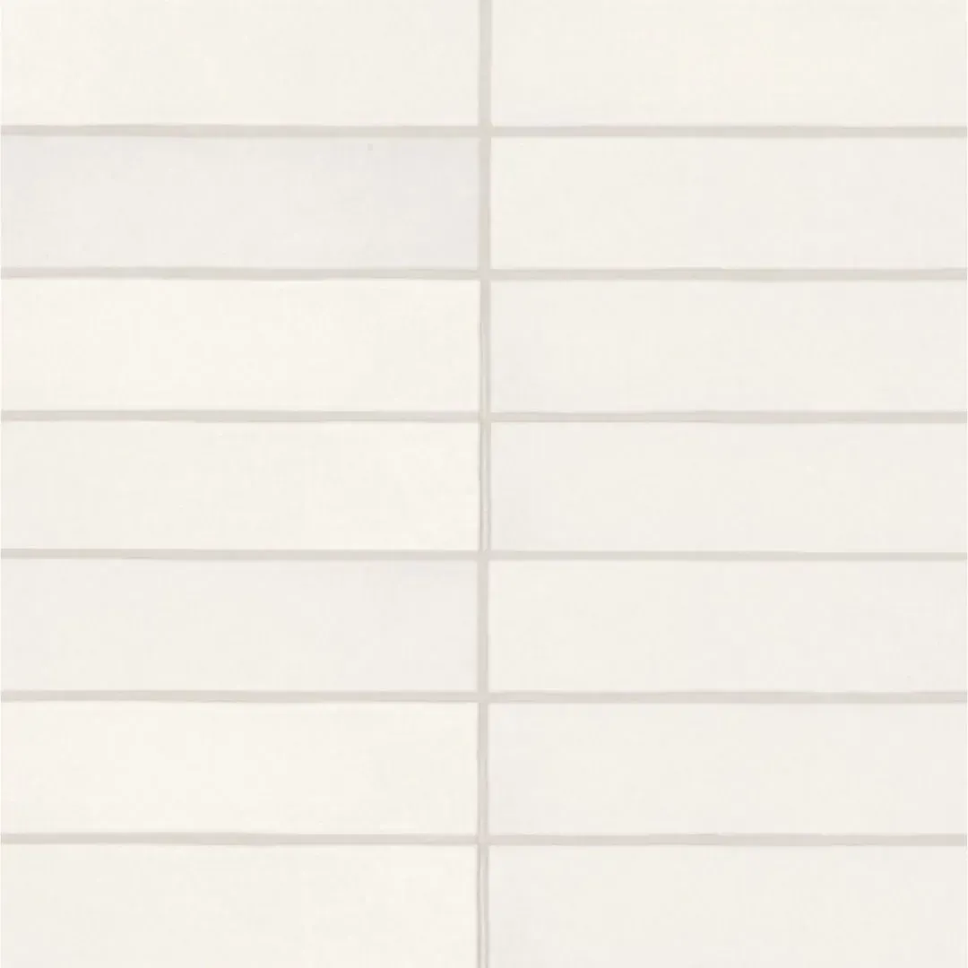 A grid of white rectangular tiles with light gray grout lines arranged in a stacked pattern.