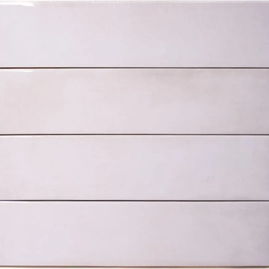 Four horizontal rows of white, rectangular subway tiles stacked in a repeating pattern.