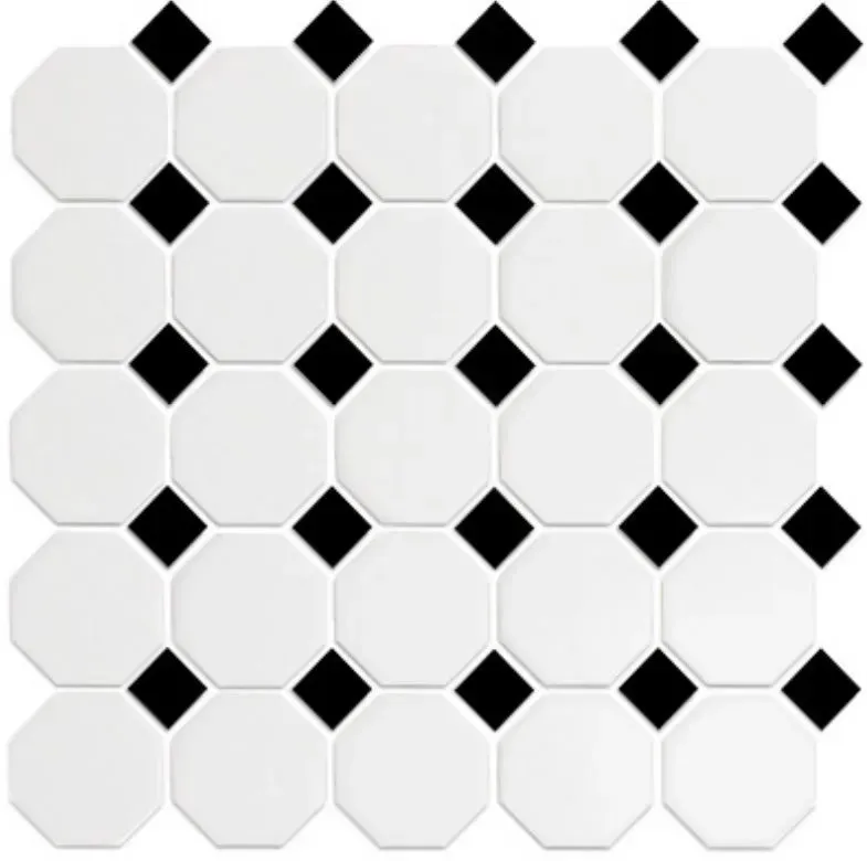 White octagonal tiles arranged in a grid pattern with small black square tiles in the gaps between them.