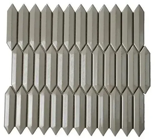 A mosaic tile sheet featuring light gray, elongated, pointed hexagonal tiles arranged in a vertical pattern.