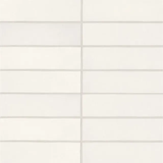 A seamless pattern of long, rectangular, matte-white ceramic tiles arranged in a vertical stack bond layout.