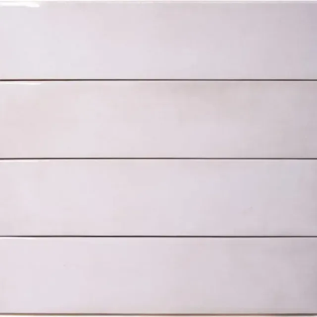 Stacked, rectangular, glossy light-pink ceramic wall tiles with horizontal grout lines.