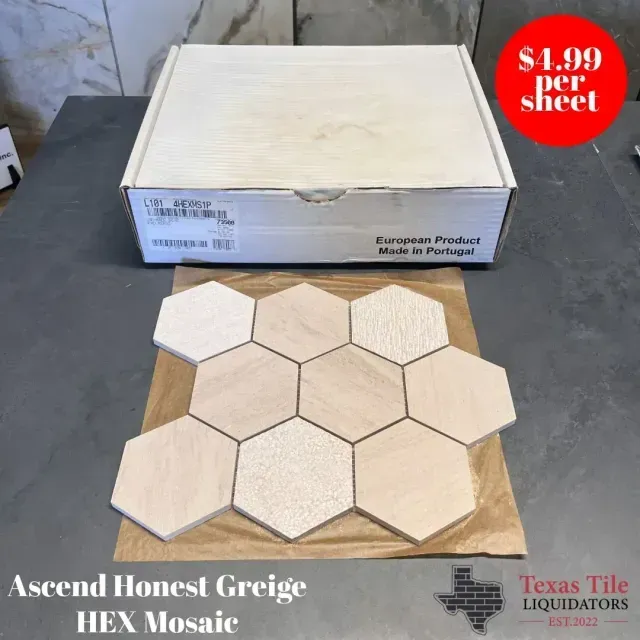 Ascend Honest Greige hex mosaic tile sample next to its packaging, priced at $4.99 per sheet at Texas Tile Liquidators.
