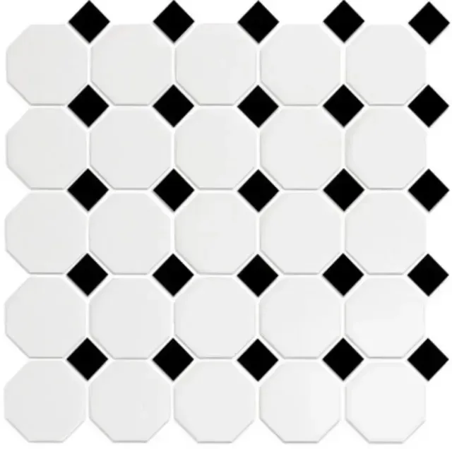 A repeating tile pattern of white octagons separated by small, black square accent tiles.