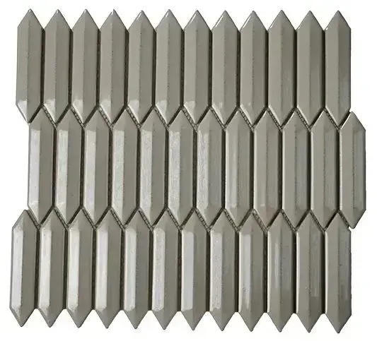 A mosaic tile sheet featuring interlocking, vertical, gray, elongated hexagonal tiles with a beveled finish.